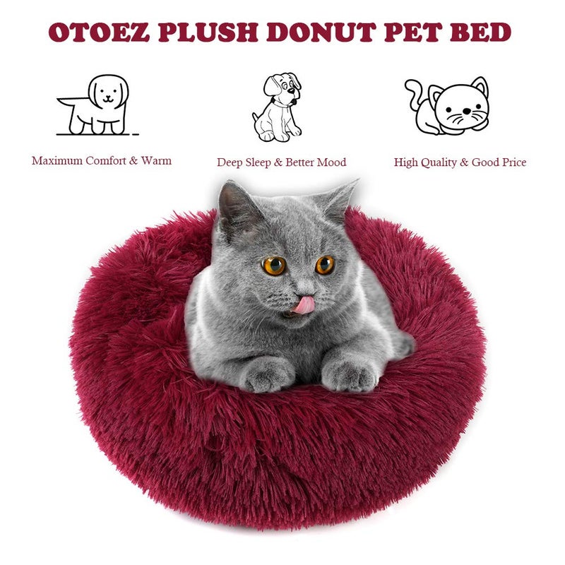 otoez Kitten Puppy Bed Extra Small XS Round Dog Cat Beds Anti Anxiety Plush Pet Calming Donut Bed with Non-Slip Waterproof Bottom, Washable (15.7", Dark Red) - Image 2